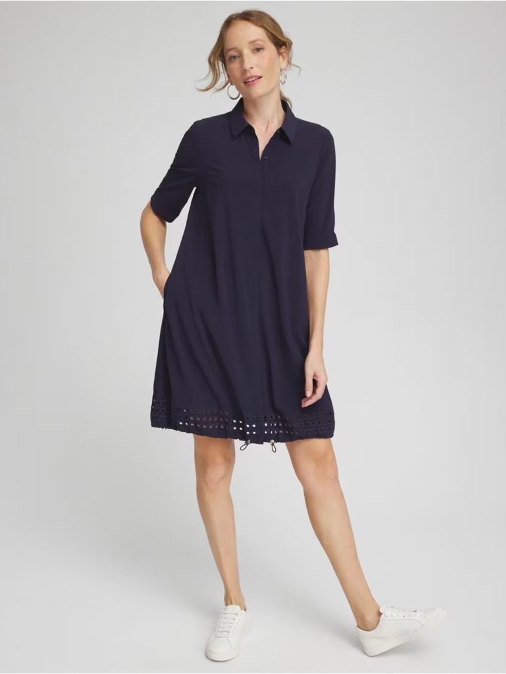 Chico's Navy UPF Embroidered Eyelet Bungee Dress